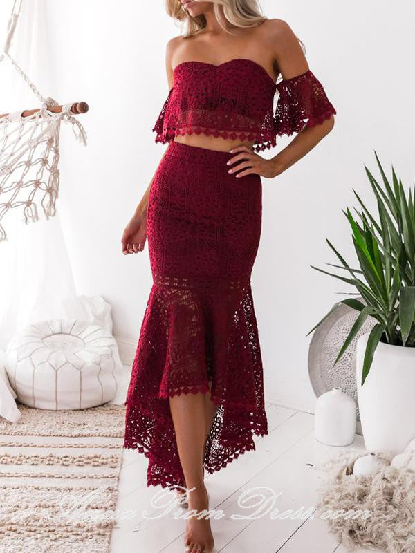 Two Piece Prom Dresses Off The Shoulder Mermaid Burgundy Lace High Low – Anna PromDress