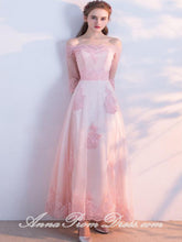 Long Prom Dresses Off-the-shoulder Aline Floor-length Tulle Pink Prom Dress JKL595