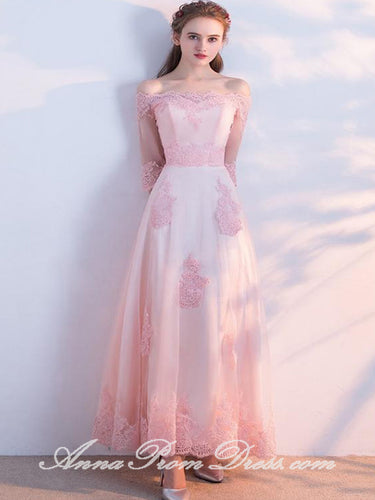 Long Prom Dresses Off-the-shoulder Aline Floor-length Tulle Pink Prom Dress JKL595