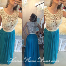 Long Prom Dresses Scoop A Line Floor Length Chiffon Lace Beading Sexy Prom Dress JKL597