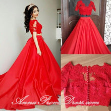 Two Piece Prom Dresses V Neck Sweep Train Lace Red Prom Dress Sexy Evening Dress JKL598