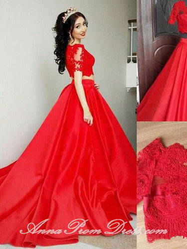 Two Piece Prom Dresses V Neck Sweep Train Lace Red Prom Dress Sexy Evening Dress JKL598