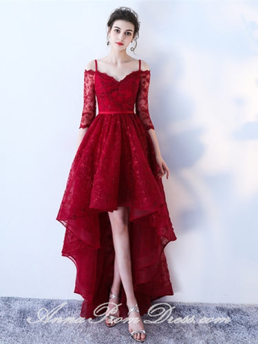 High Low Prom Dresses A Line Spaghetti Straps Burgundy Lace Chic Prom Dress JKL599