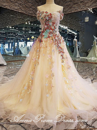 Luxury Prom Dresses Off-the-shoulder Aline Appliques Sweep Train Long Prom Dress JKL600