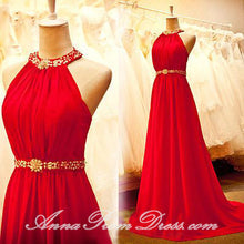 Chic Prom Dresses Halter A Line Brush Train Rhinestone Long Sexy Prom Dress JKL601