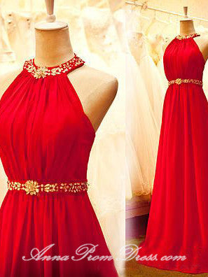 Chic Prom Dresses Halter A Line Brush Train Rhinestone Long Sexy Prom Dress JKL601