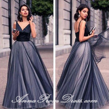 Long Prom Dresses Straps V Neck A Line Floor-length Bowknot Tulle Prom Dress JKL603|Annapromdress