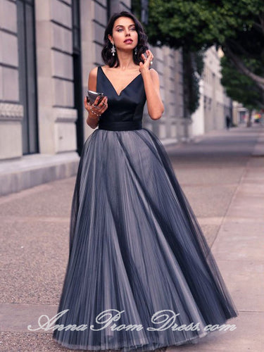 Long Prom Dresses Straps V Neck A Line Floor-length Bowknot Tulle Prom Dress JKL603|Annapromdress