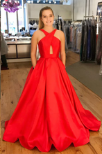 Cheap Prom Dresses A Line Brush Train Halter Red Long Sexy Prom Dress JKL612|Annapromdress