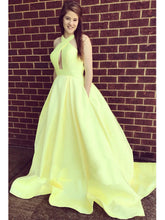 Cheap Prom Dresses A Line Brush Train Halter Daffodil Long Sexy Prom Dress JKL612