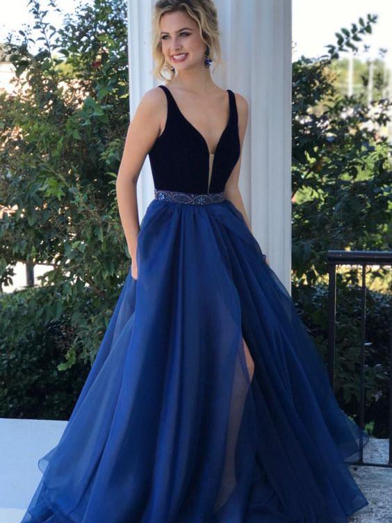 Slit Prom Dresses A-line Straps Velvet Rhinestone Royal Blue Organza P Anna PromDress Slit Prom Dresses A-line Straps Velvet Rhinestone Royal Blue Organza P Anna PromDress
