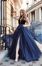 Slit Prom Dresses A-line Straps Velvet Rhinestone Royal Blue Organza Prom Dress JKL613|Annapromdress.com