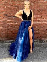 Slit Prom Dresses A-line Straps Velvet Rhinestone Royal Blue Organza Prom Dress JKL613