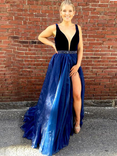 Slit Prom Dresses A-line Straps Velvet Rhinestone Royal Blue Organza Prom Dress JKL613
