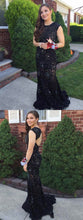 Lace Prom Dresses Scoop Sheath Column Sequins Short Train Long Sexy Prom Dress JKL620