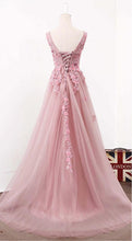 Long Prom Dresses A-Line Sweep Train V-neck Lace-up Tulle Beautiful Prom Dress JKL622