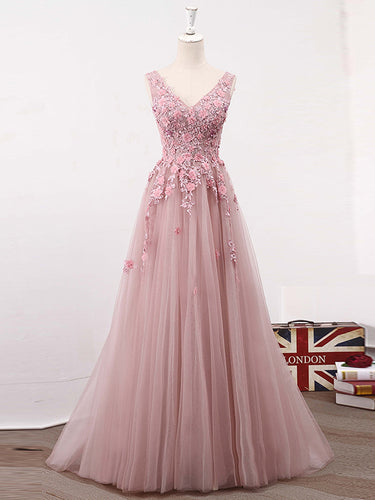 Long Prom Dresses A-Line Sweep Train V-neck Lace-up Tulle Beautiful Prom Dress JKL622