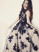 Black Prom Dresses Scoop A Line Floor-length Appliques Long Prom Dress Sexy Evening Dress JKL628