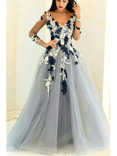 Sexy Prom Dresses V-neck Aline Floor Length Grey Beautiful Long Prom Dress JKL629