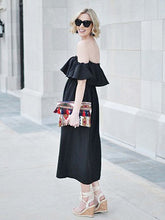 Black Cheap Prom Dresses Off-the-shoulder Tea-length Long Sexy Simple Prom Dress JKL631