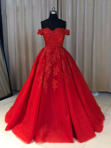 Ball Cown Prom Dresses Off-the-shoulder Sweep Train Long Red Prom Dress JKL632