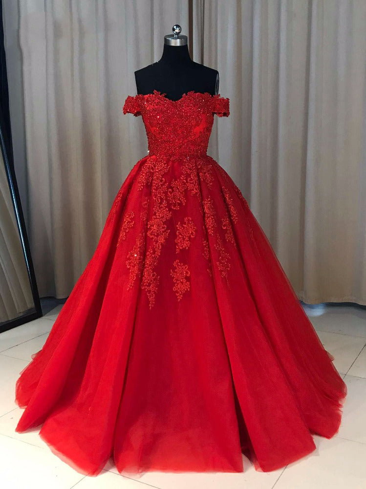 Ball Cown Prom Dresses Off-the-shoulder Sweep Train Long Red Prom Dres –  Anna PromDress
