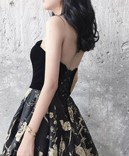 Chic Prom Dresses Black Sweetheart A Line Floral Print Sweep Train Long Prom Dress JKL633