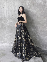 Chic Prom Dresses Black Sweetheart A Line Floral Print Sweep Train Long Prom Dress JKL633