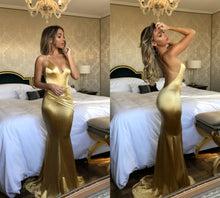 Annapromdress Mermaid Prom Dresses Short Train Spaghetti Straps Long Sexy Gold Prom Dress JKL636