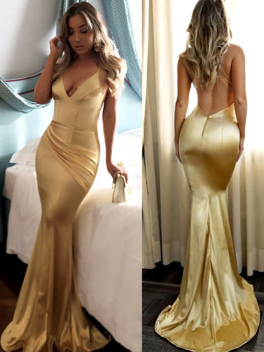 Annapromdress Mermaid Prom Dresses Short Train Spaghetti Straps Long Sexy Gold Prom Dress JKL636