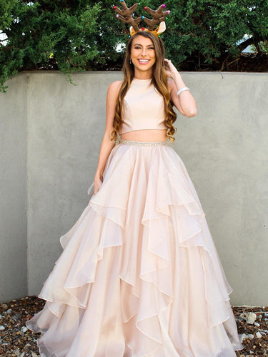 Two Piece Prom Dresses A-line Scoop Floor-length Long Sparkly Chic Prom Dress JKL637|Annapromdress