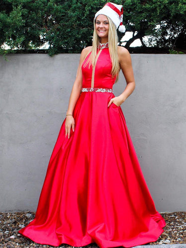 Long Prom Dresses High Neck A-line Floor-length Rhinestone Sexy Red Prom Dress JKL638