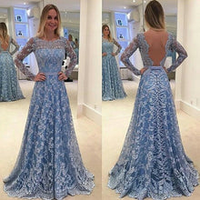 Long Prom Dresses Scoop A Line Floor-length Long Sleeve Lace Prom Dress Sexy Evening Dress JKL639