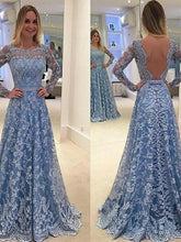 Long Prom Dresses Scoop A Line Floor-length Long Sleeve Lace Prom Dress Sexy Evening Dress JKL639