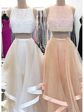 Two Piece Prom Dresses Bateau Aline Floor Length Beautiful Long Prom Dress JKL640