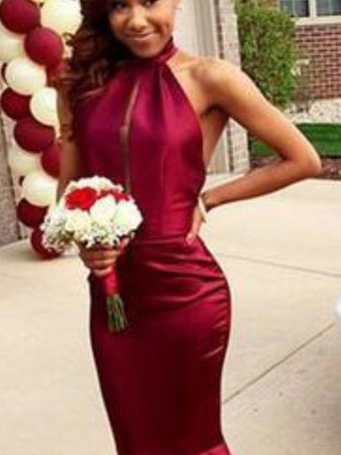 Sexy Prom Dresses Halter Short Train Burgundy Long Mermaid Prom Dress JKL643