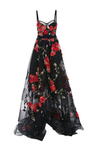 Chic Prom Dresses Black Spaghetti Straps A Line Floral Sweep Train Long Prom Dress JKL644