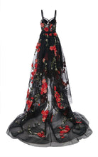 Chic Prom Dresses Black Spaghetti Straps A Line Floral Sweep Train Long Prom Dress JKL644