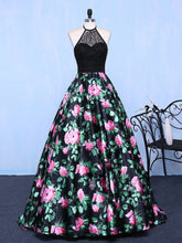 Black Prom Dresses Halter Short Train Floral Print Sexy Prom Dress Evening Dress JKL649