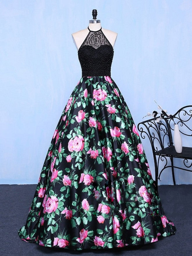 Black Prom Dresses Halter Short Train Floral Print Sexy Prom Dress Eve –  Anna PromDress