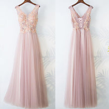 Lace Prom Dresses V-neck Aline Floor-length Pearl Pink Long Beautiful Prom Dress JKL651