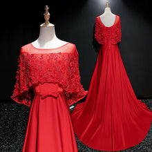 Red Prom Dresses A-line Scoop Sweep Train Satin Lace Beautiful Long Prom Dress JKL653