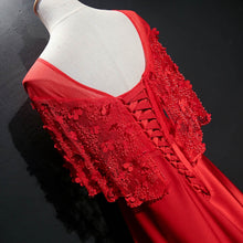 Red Prom Dresses A-line Scoop Sweep Train Satin Lace Beautiful Long Prom Dress JKL653