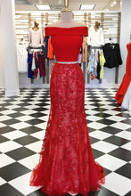 Two Piece Prom Dresses Trumpet Mermaid Off-the-shoulder Lace Long Red Prom Dress JKL661|Annapromdress