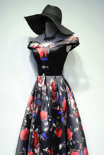Black Prom Dresses A Line Off-the-shoulder Floral Rose Print Prom Dress Long Evening Dress JKL663