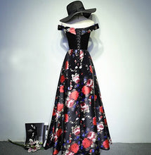 Black Prom Dresses A Line Off-the-shoulder Floral Rose Print Prom Dress Long Evening Dress JKL663