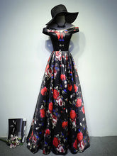 Black Prom Dresses A Line Off-the-shoulder Floral Rose Print Prom Dress Long Evening Dress JKL663