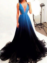 Luxury Prom Dresses A-line Straps Sweep Train Ombre Black Long Prom Dress JKL670