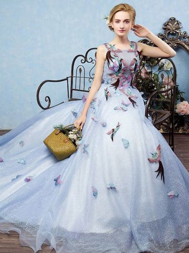 Beautiful Prom Dresses Ball Gown Scoop Sweep Train Lace Butterfly Sexy Long Prom Dress JKL677