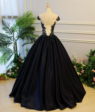 Ball Gown Prom Dresses Scoop Lace-up Dark Navy Floor-length Satin Long Prom Dress JKL679